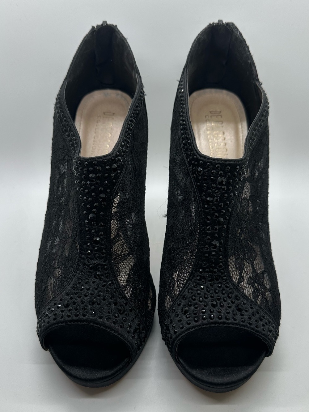 De Blossom Collection Black Lace Peep-Toe Heels with rhinestones